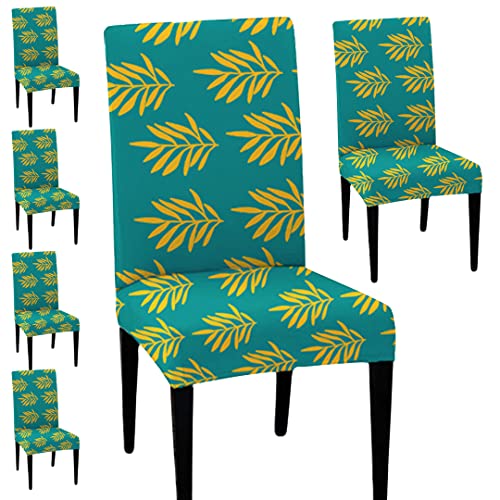HOTKEI (Pack of 6 Green Leaf Print Elastic Stretchable Dining Table Chair Seat Cover Protector Slipcover for Dining Table Chair Covers Stretchable 1 Piece Set of 6 Seater, Polycotton