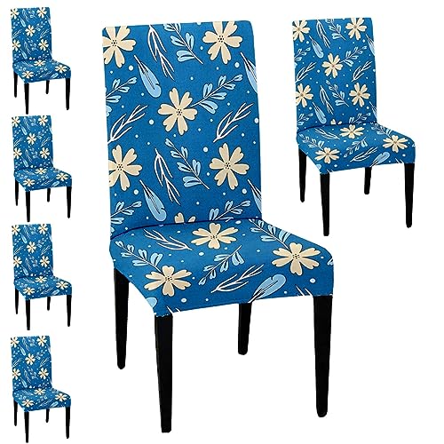 HOTKEI Pack of 6 Airforce Blue Floral Print Dining Table Chair Cover Stretchable Slipcover Seat Protector Removable 1pc Polycotton Dining Chairs Covers for Home Hotel Dining Table Chairs