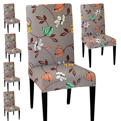 HOTKEI Set of 6 Grey Printed Dining Table Chair Cover Stretchable Slipcover Seat Protector Removable 1pc Polycotton Dining Chairs Covers for Home Hotel Dining Table Chairs