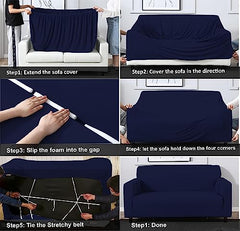 HOTKEI 3 Seater Navy Blue Polycotton Big Universal Non-Slip Elastic Stretchable Couch Sofa Set Cover Protector for 3 Seaters Sofa seat Stretchable Cloth Full Covers