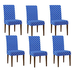 HOTKEI Pack of 6 Blue Diamond Printed Elastic Stretchable Dining Table Chair Cover Seat Cover Protector Slipcover for Dining Table Chair Covers Stretchable 1 Piece Set of 6 Seater