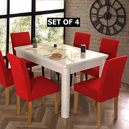HOTKEI Pack of 4 Red Elastic Stretchable Dining Table Chair Seat Cover Protector Slipcover for Dining Table Chair Covers Stretchable 1 Piece Pack of 4 Seater, Polyester Blend