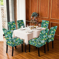 HOTKEI (Pack of 6 Green Leaf Print Elastic Stretchable Dining Table Chair Seat Cover Protector Slipcover for Dining Table Chair Covers Stretchable 1 Piece Set of 6 Seater, Polyester Blend