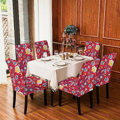 HOTKEI Polyester Blend Red Floral Print Chair Cover Set of 6 Elastic Stretchable Dining Table Chair Seat Cover Protector Slipcover For Dining Table Chair Covers Stretchable 1 Piece Pack of 6 Seater