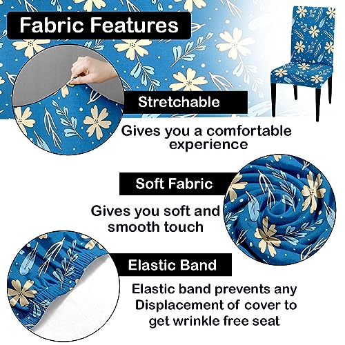 HOTKEI Pack of 6 Airforce Blue Floral Print Dining Table Chair Cover Stretchable Slipcover Seat Protector Removable 1pc Polycotton Dining Chairs Covers for Home Hotel Dining Table Chairs