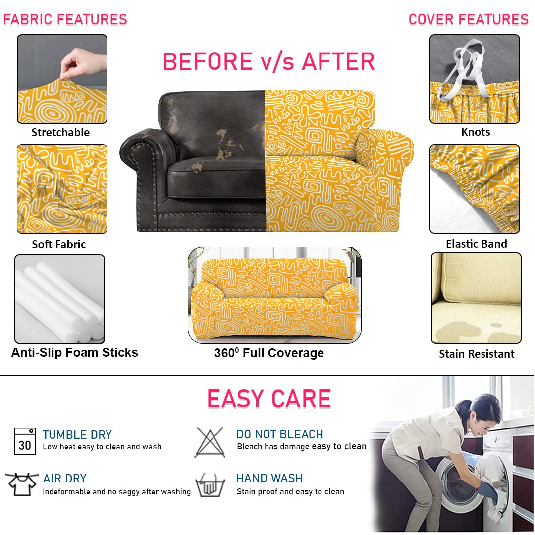 HOTKEI 3 Seater Yellow Abstract Print Polycotton Big Universal Non-Slip Elastic Stretchable Sofa Set Cover Protector for 3 Seater Sofa seat Stretchable Cloth Full Covers