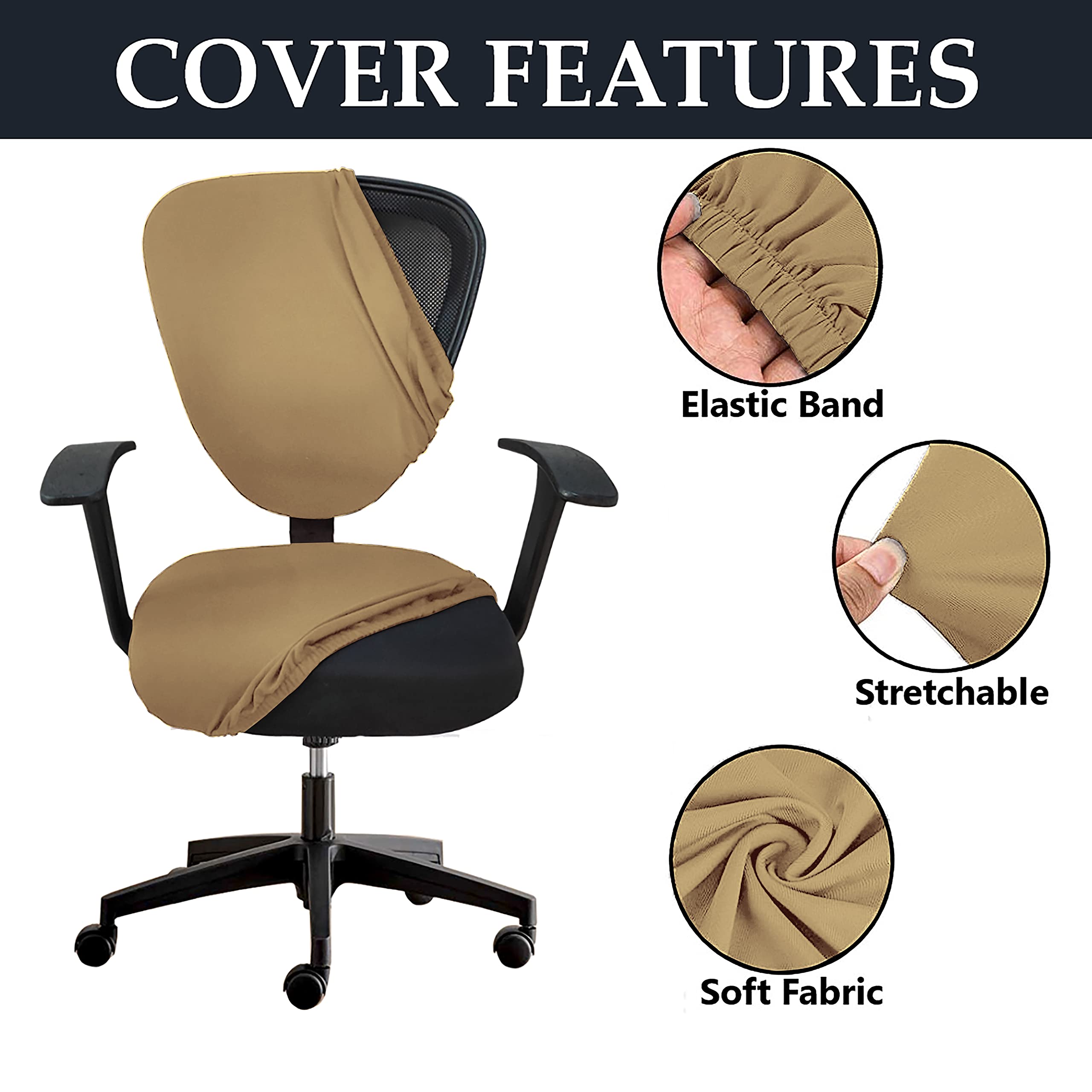 HOTKEI Set of 2(Only Chair Covers) Polycotton Stretchable Elastic Removable Washable Camel Brown Office Computer Rotating Chair Seat Covers Slipcover Cushion Protector for Office Computer Chair