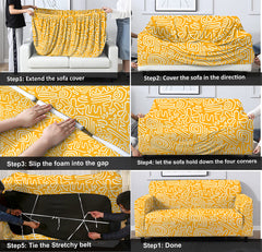 HOTKEI 3 Seater Yellow Abstract Print Polycotton Big Universal Non-Slip Elastic Stretchable Sofa Set Cover Protector for 3 Seater Sofa seat Stretchable Cloth Full Covers